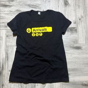 Black "Arrivals" Maternity Graphic Subway Tee with Yellow Print Size Medium